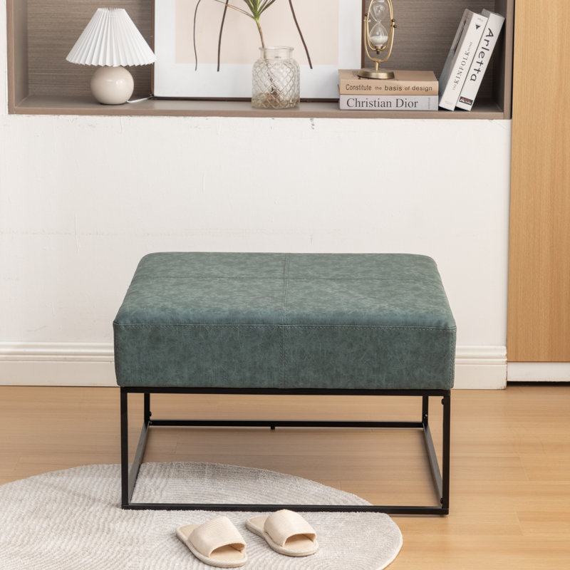Cattibrie Leather Upholstered Square Ottoman, Blue Faux Leather