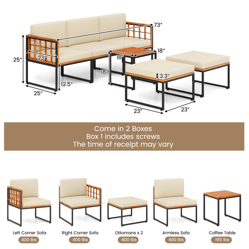 Ensemble de conversation pour patio pour 5 personnes en bois d'acacia avec coussins Tuule