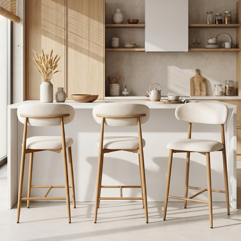 Tabourets de bar rembourrés Blayze, Beige Seat/Wood-grain Metal Legs