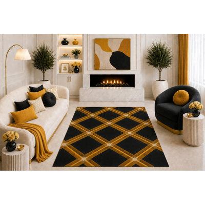 Tapis ultra-léger 152 x 213 cm (5 pi x 7 pi) noir et or à motif losanges, idéal pour le salon, la chambre à coucher, le bureau ou toute autre pièce. Dos en silicone antidérapant. Poils courts.