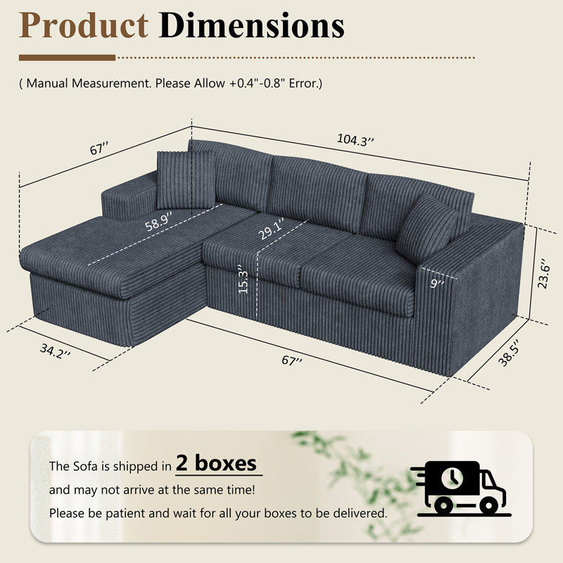 Canapé modulaire désossé 104,3 po Boneless, Velours côtelé gris foncé