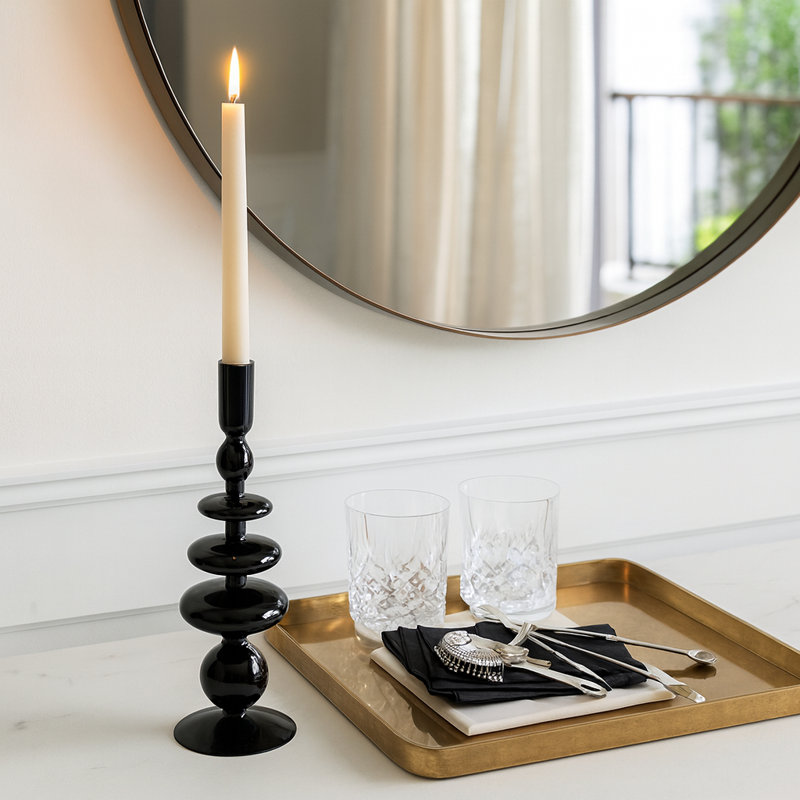  Sculptural Glass Candle Holder with Rounded Accent Base - Modern Tabletop Candle Holder for Coffee Table Display - Decorative Candle Stand Holder for Any Room