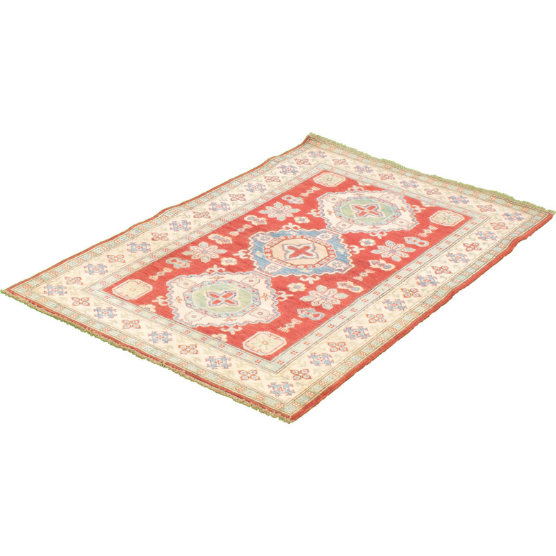 Tapis unique rouge / blanc en laine noué à la main de style années 2010 de 3 pi 11 po x 6 pi Qaiden