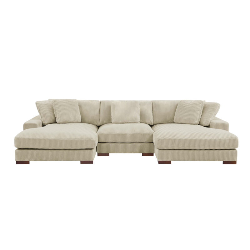 Large Seating Corduroy Upholstered Double Chaise Sectional, Beige