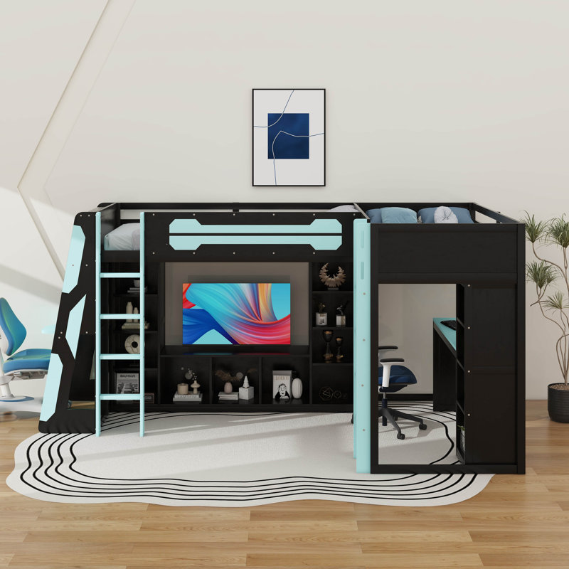 Twin Size Gaming Bed Frame With RGB LED Lights, Dual Twin Beds, USB Ports, TV Stand & Storage Shelves, Blue