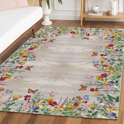 Tapis lavable à profil bas en bois multicolore Wood Flowers