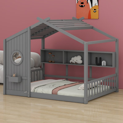 Floor House Bed For Toddler, Kids Montessori Bed With Storage Shelf, Playhouse Bed With Roof Design