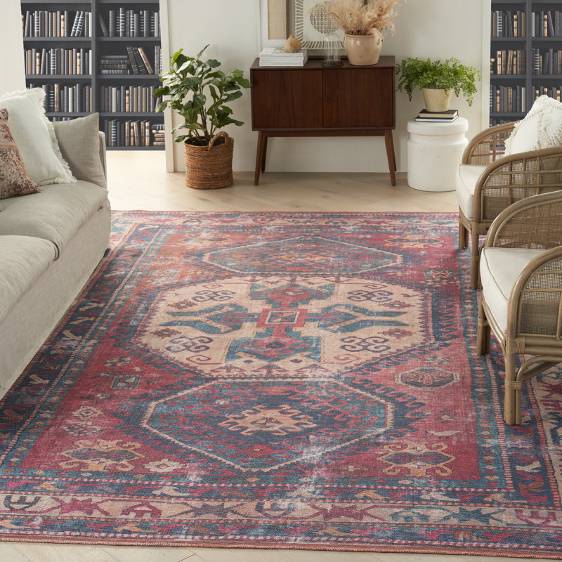 Machine Washable Southwestern Navy/Muted Red/Beige Area Rug, Rectangle 9'2" x 12"