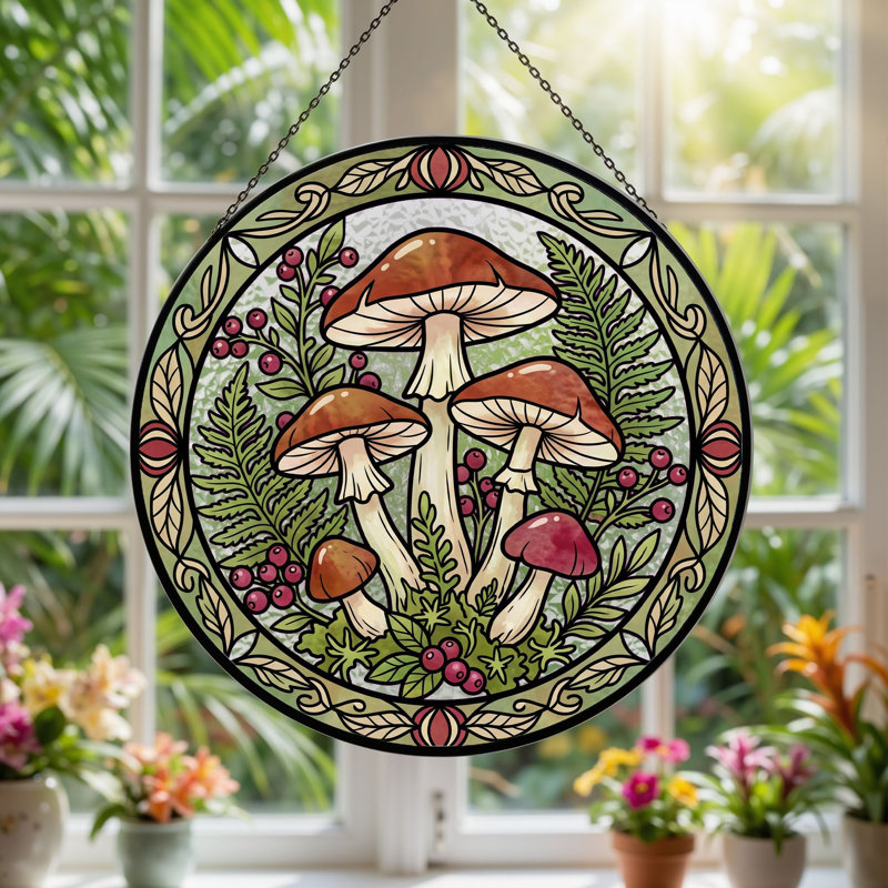 Panneau de vitrail en forme de fougère champignon, H 12 po, H 12 po