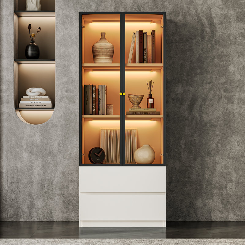 Crafton Modern 62.9'' Tall White China Cabinet Lighted Dining Shelf, Wooden 3-Tier Curio Display Storage Hutch With Tempered Glass Doors And Drawers And Wireless LED Light For Kitchen Living Room Bedroom Study