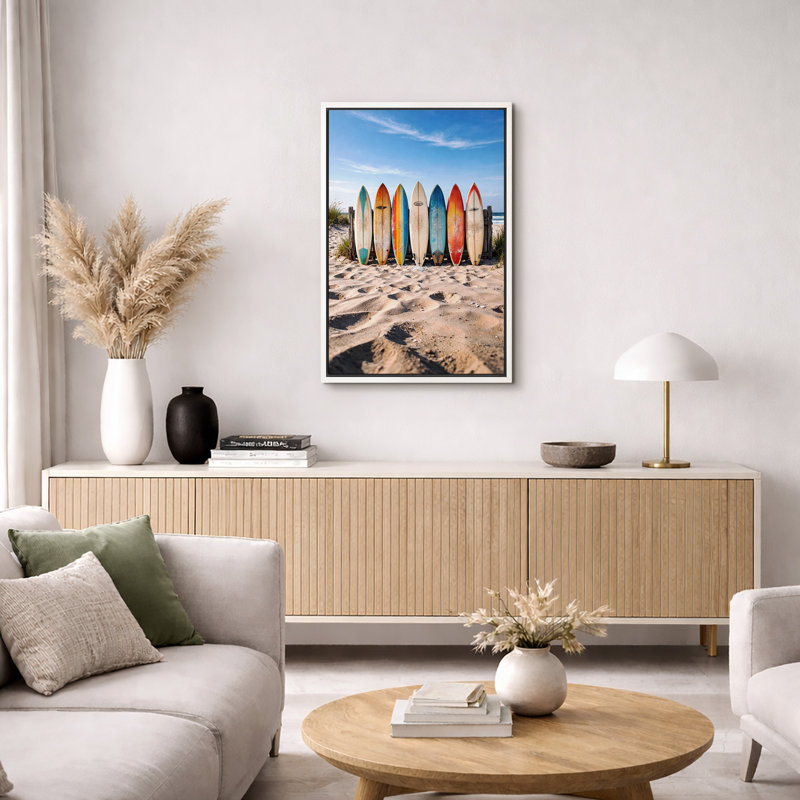 Illustration de planches de surf colorées sur la plage de sable, images de décoration murale océan côtier d'été, impression sur toile encadrée