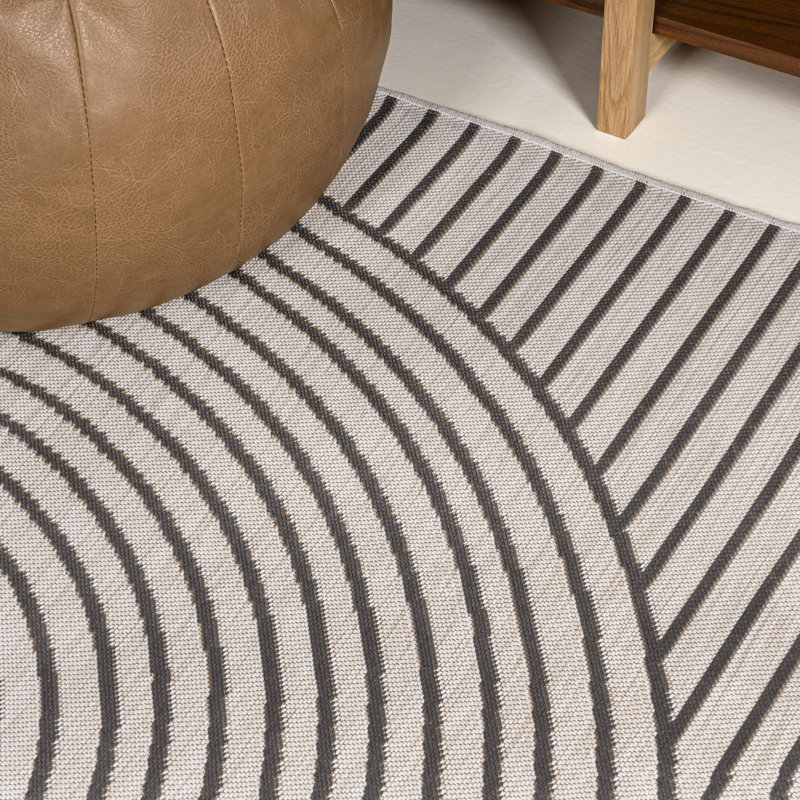 Donatienne Mid-Century Curve Stripe Reversible Machine-Washable Dark Gray/Cream Indoor/Outdoor Rug, Rectangle 3'3" x 5'