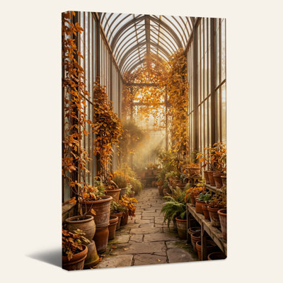 Serre ensoleillée avec pots en terre cuite et plantes grimpantes - Tableau sur toile