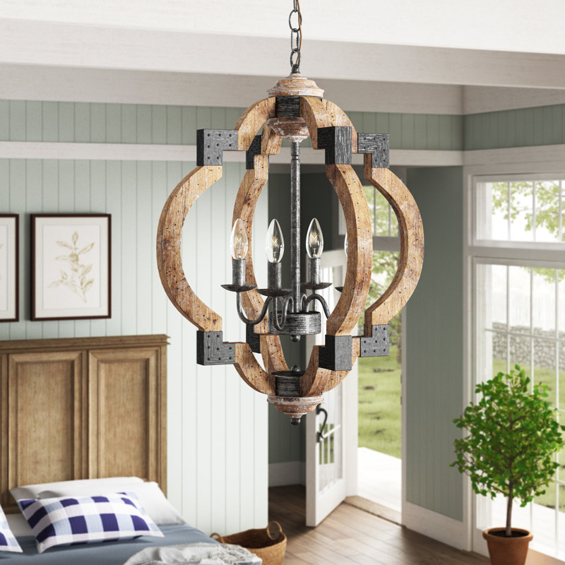 Lustre géométrique à 4 lumières de style bougie avec détails en bois Aziz, H 24,6 po x l 19,7 po x P 19,7 po, Gris / Brun