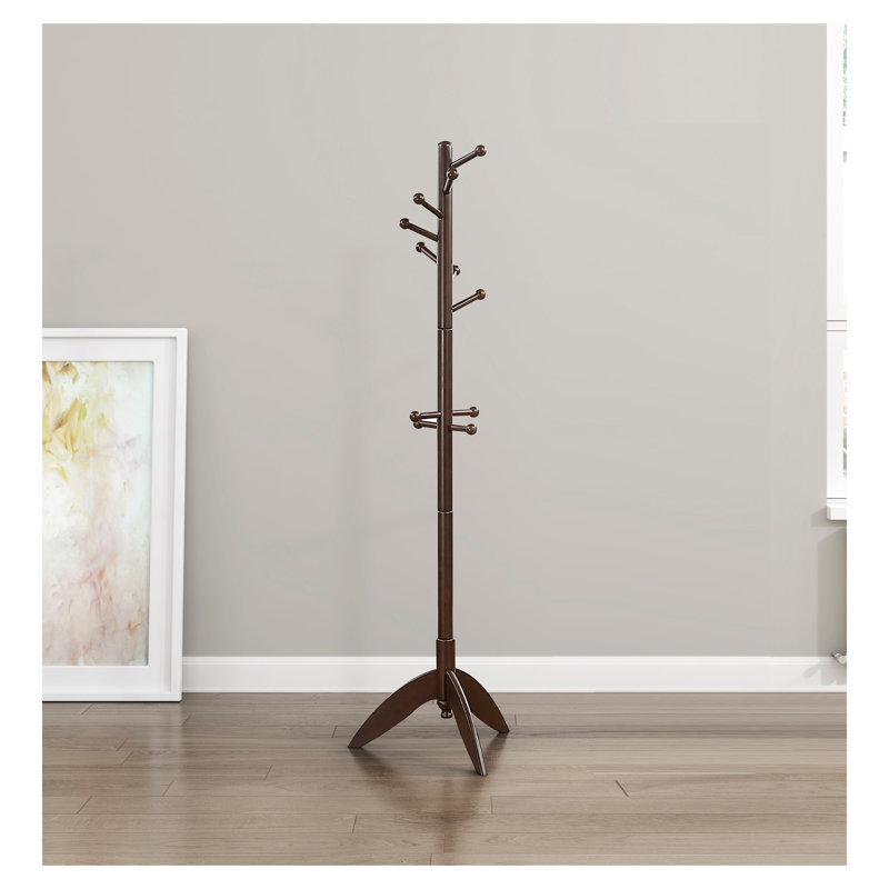 Dark Brown Finish Coat Rack Wood, 11 Hooks Coat Hanger Stand Entryway Home Furniture 1Pc, Dark Brown