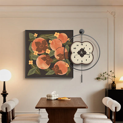 Peach & Green Persimmon Print Square Art with LED Pendulum Wall Clocks