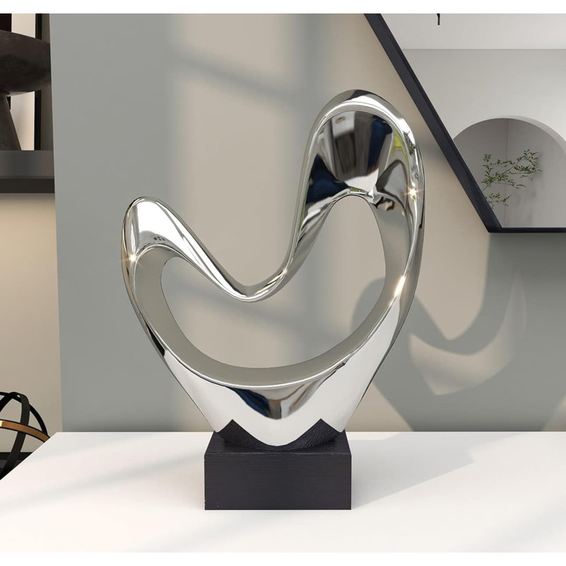 Silver Porcelain Abstract Heart Statue with Black Base