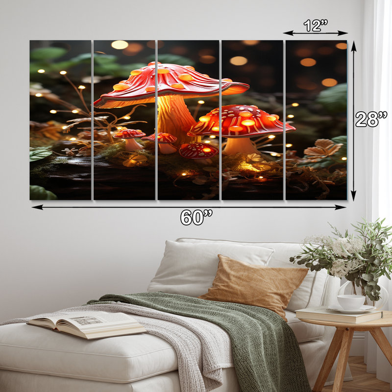«Magical Mushroom Glowing Midnight Forest II», reproduction d'art sur toile - 5 panneaux égaux
