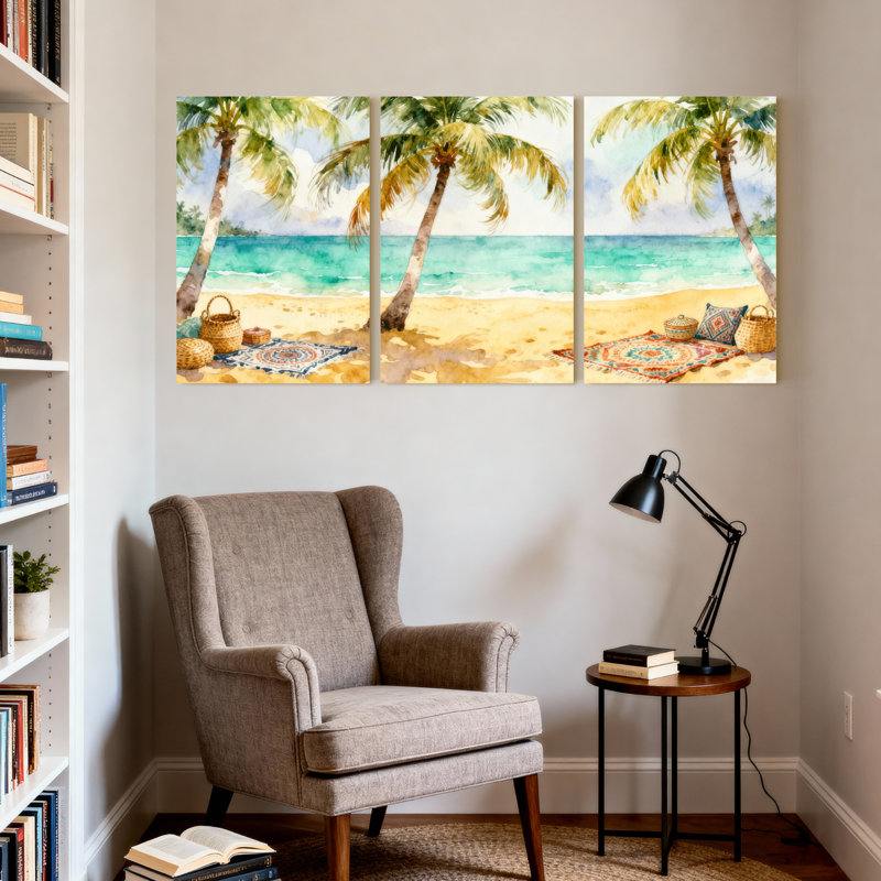Palmiers, plage tropicale, palmiers et tapis, ensemble de 3 impressions sur toile, H 24 po x l 48 po