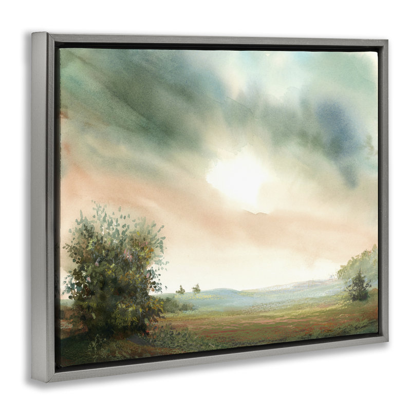 Lever de soleil sur un cadre flottant champ pastoral, design par Ashley Davis, Cadre flottant gris lustré, H 17 po x l 21 po