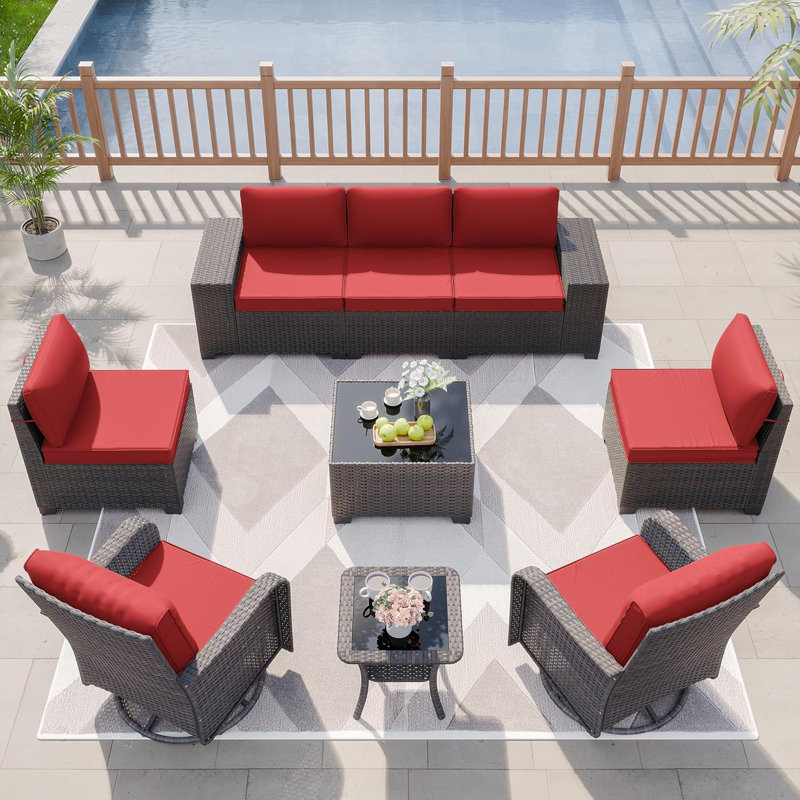 9-Piece All-Weather Wicker Outdoor Patio Set With Cushioned Modular Sectional, Swivel Rocking Chairs & Tables, Red