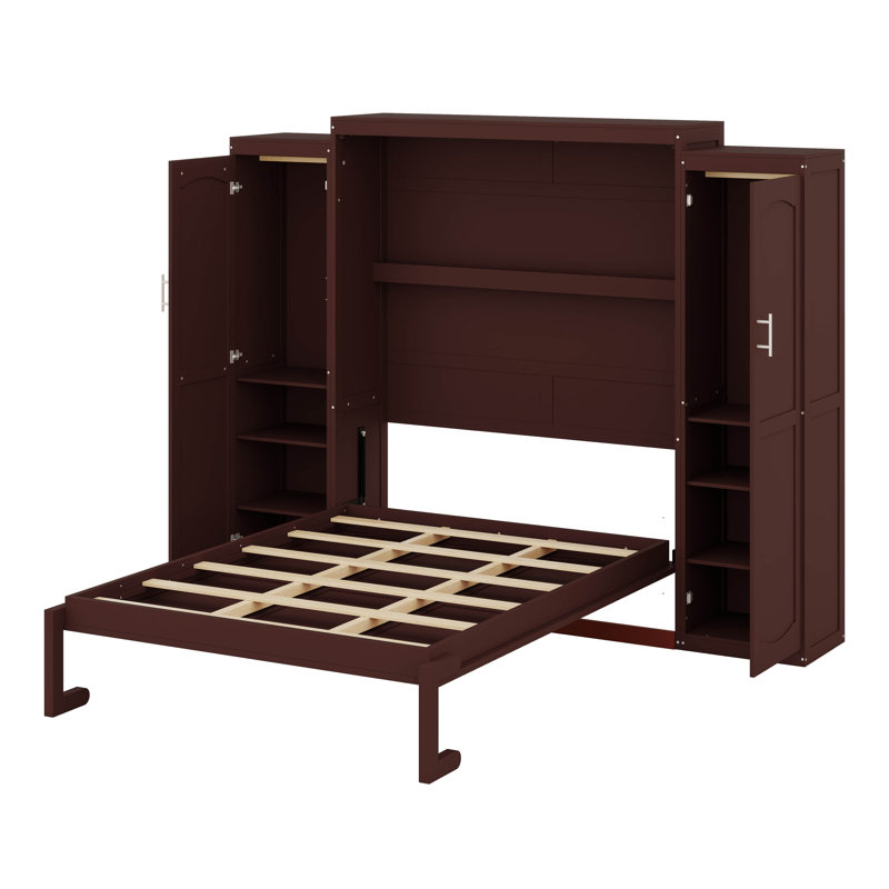 Structure de lit escamotable et peu encombrante avec armoires et tablettes de rangement, Noyer