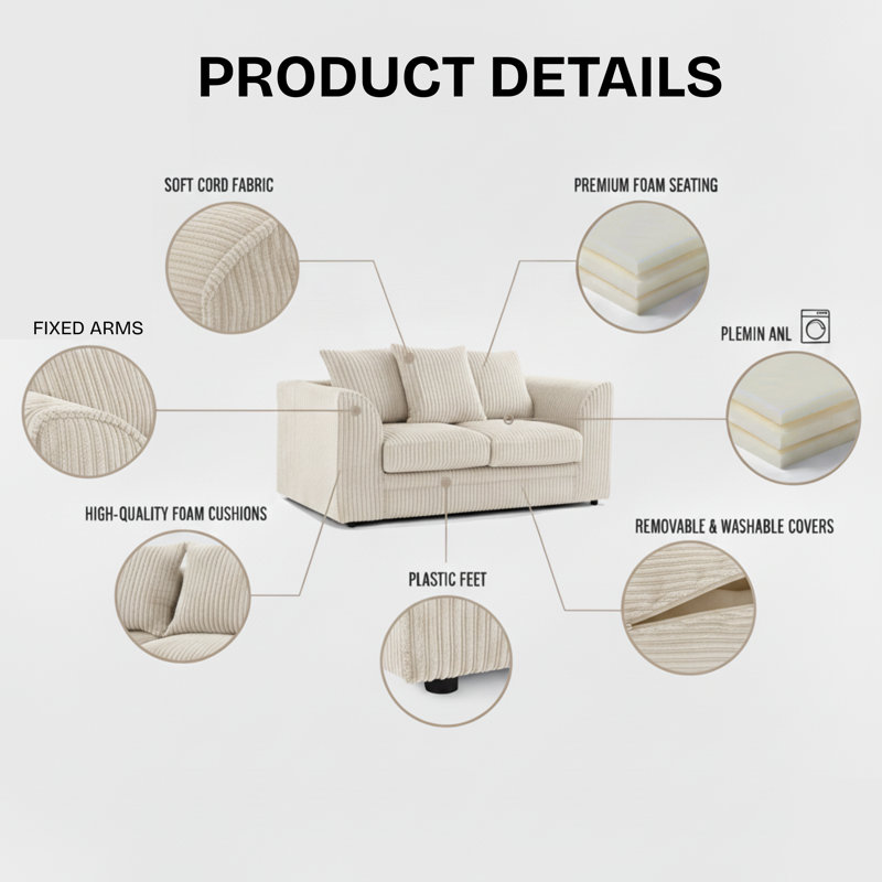 2 Seater Corduroy Sofa, Cream