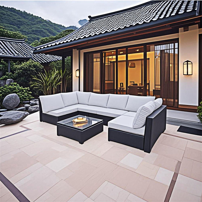 Outdoor Sectional Sofa Set, Beige Cushion/Black Frame