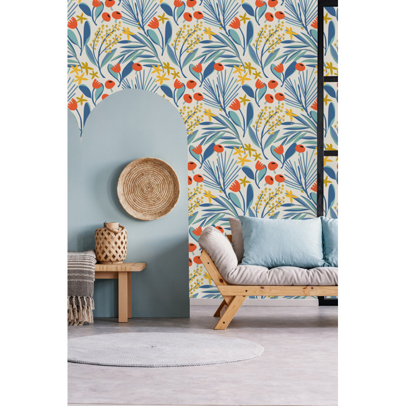 Papier peint fleurs orange, L 225 po x l 25 po