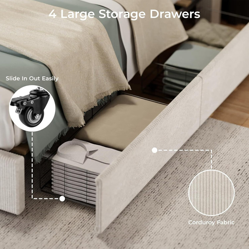 Platform Bed with 4 Storage Drawers, Upholstered Corduroy, Queen