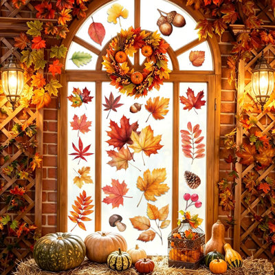 102 PCS Fall Window Clings Decor Autumn Thanksgiving Decorations Stickers. 9 Sheets Leaf & Pumpkin Window Decals for Glass Windows, Fall Harvest Holiday Decor for Home Office Classroom Indoor Party