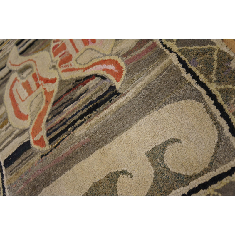 Gray Color Antique Artistic American Folk Art Design Hooked Textile Art Rug