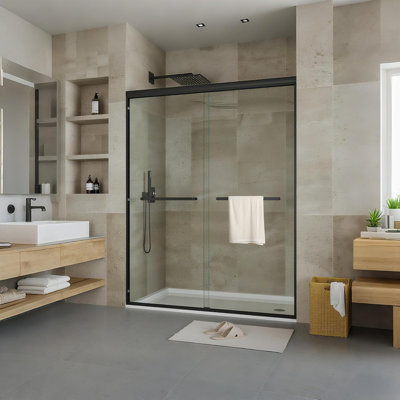 Double Sliding Shower Door, Aluminum Alloy Frame, 72" H x 60" W, 6mm Tempered Glass, Matte Black, for Modern Bathroom