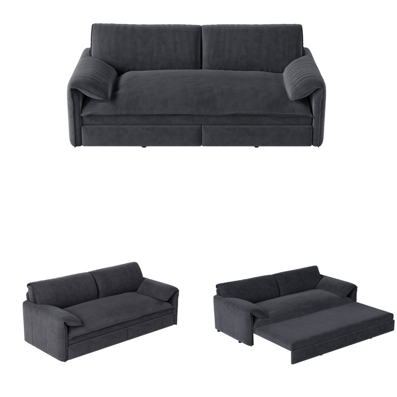 66" Queen Pull Out Sofa Bed, 3-In-1 Convertible Sleeper Sofa With Side Storage,Multi-Functional Velvet Loveseat Bed, Gray