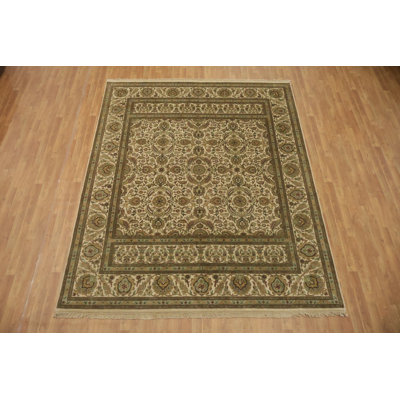 Beige and Green Agra Floral Area Rug 8x10 Ft Hand-Knotted Oriental Wool Carpet