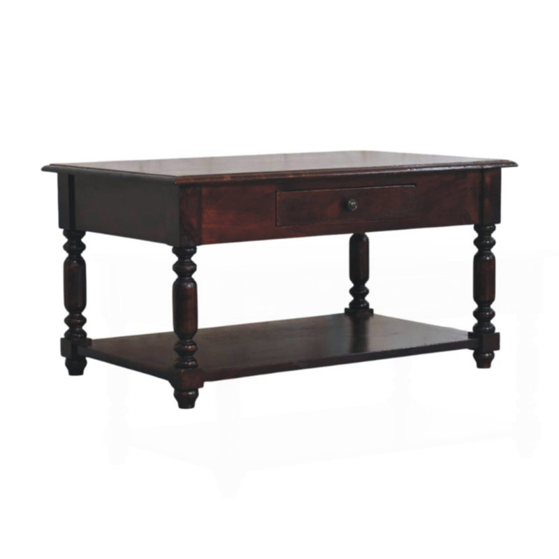 Console à 2 tiroirs, cerise à pieds tournés, brun foncé