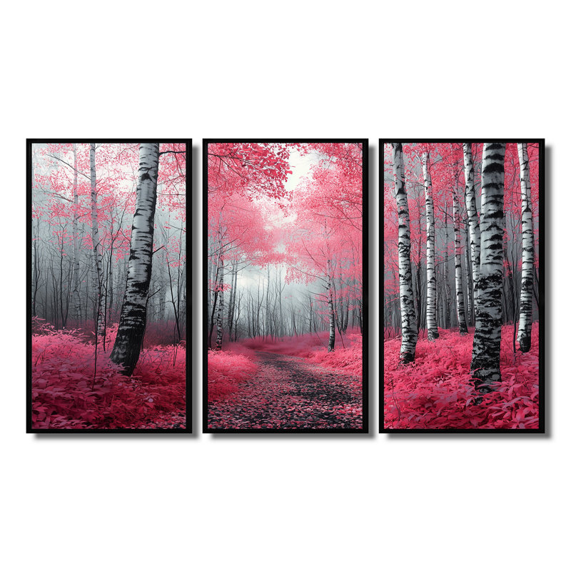 Bouleaux roses, chemin forestier, Panorama I - ensemble de décorations murales forêt, Toile avec cadre flottant noir