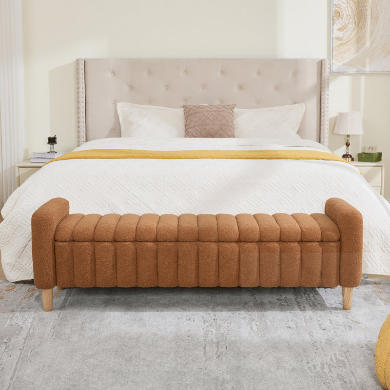 Banc capitonné avec accoudoirs et rangement, Caramel