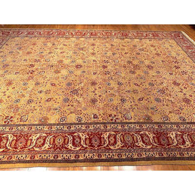 Tapis Mahindra noué à la main 9 x 13, tapis traditionnel en laine, tapis floral beige, tapis indien fait à la main, élégant décor de salon classique