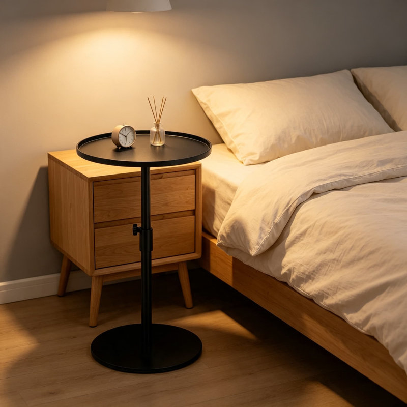 Table de bout en métal avec hauteur réglable, table d'appoint peu encombrante pour le salon, la chambre à coucher, le balcon, le bureau, l'intérieur et l'extérieur, table à boissons ronde moderne avec rebord surélevé et finition facile à nettoyer