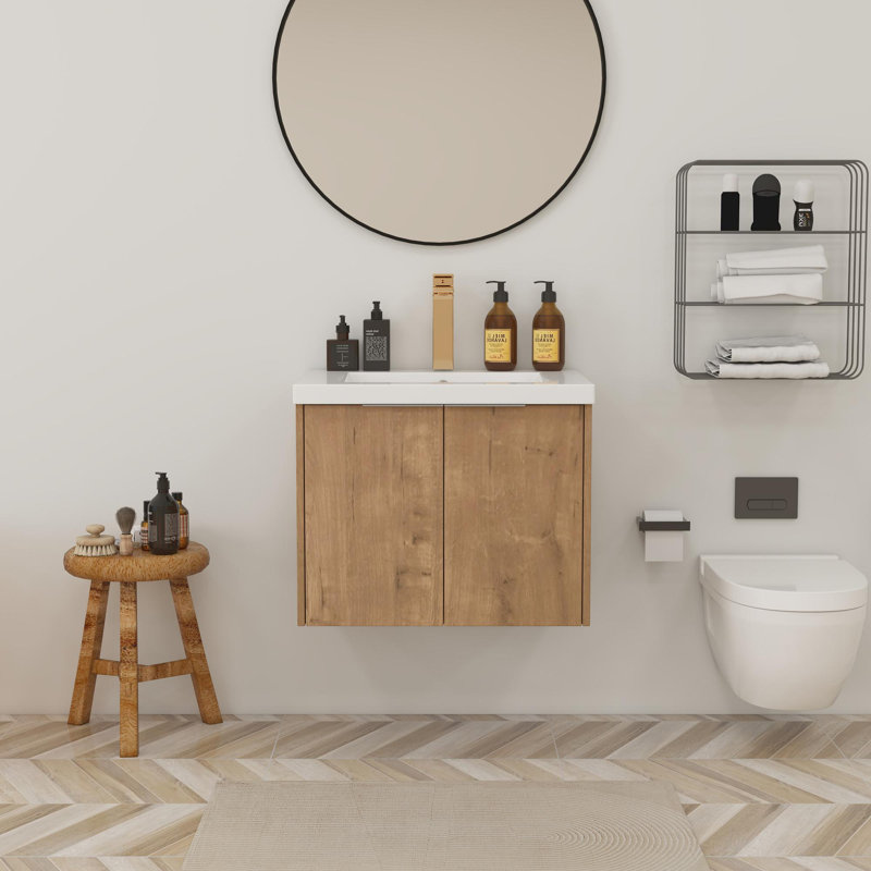 Meuble-lavabo de salle de bain avec lavabo en résine, Imitation chêne, 24"