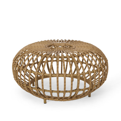 Coffee Table-Bohemian Faux Rattan Weave Accent Table For Indoor Outdoor Use, Handcrafted Round Side Table For Living Room, Patio, Garden,Light Brown Color