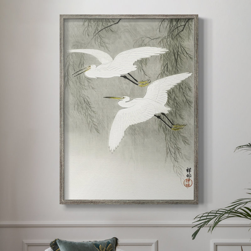 «Koson's Flying Herons I», reproduction encadrée - bois massif, H 15 po x l 12 po
