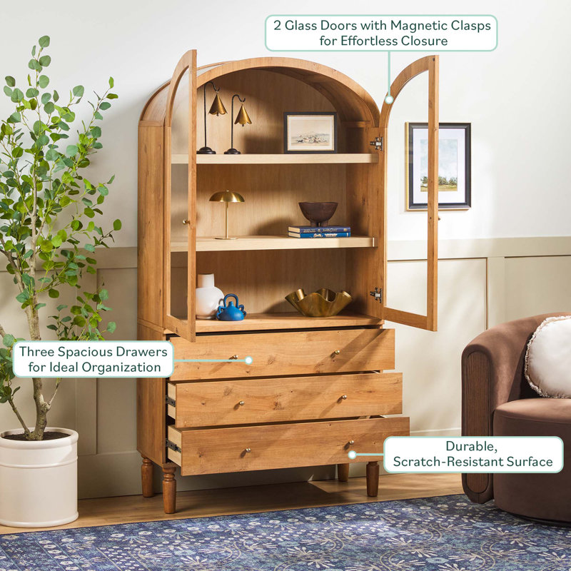 Holzhauer Modern Arched Glass Bookcase With Drawers, English Oak