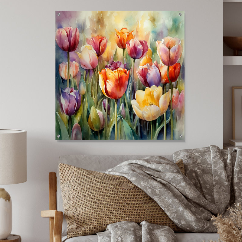 Jardin des tulipes - art mural acrylique moderne, H 16 po x l 16 po