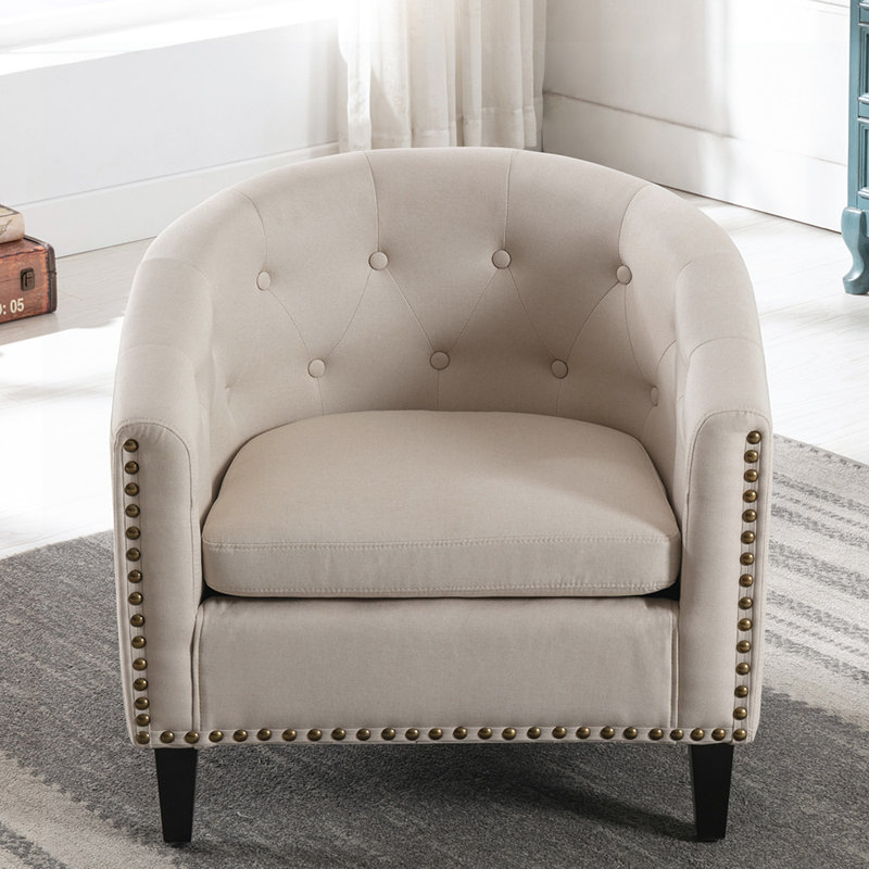 Fauteuil demi-tonneau touffeté, Lin brun clair