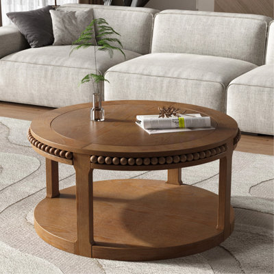 Table basse et canapé de 31,5 pouces en bois massif rond - plateau épaissi à deux niveaux, pieds robustes, table circulaire pour le salon