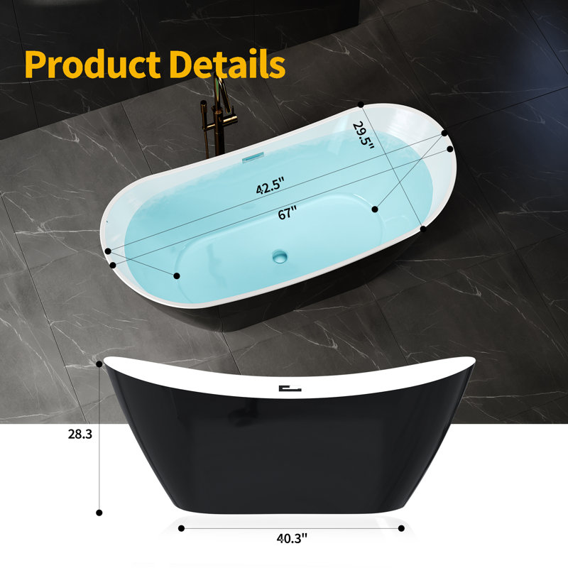Baignoire autoportante en acrylique de 67 pouces, baignoire carrée avec drain et trop-plein mat, baignoire profonde certifiée CUPC avec double paroi, baignoire autoportante moderne pour salle de bain, blanc