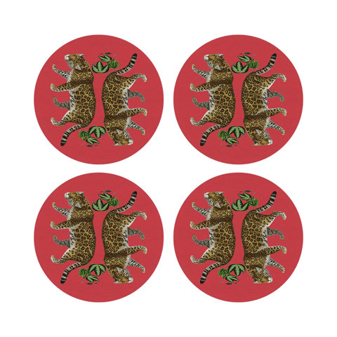 Set of four red round coasters with jaguar print