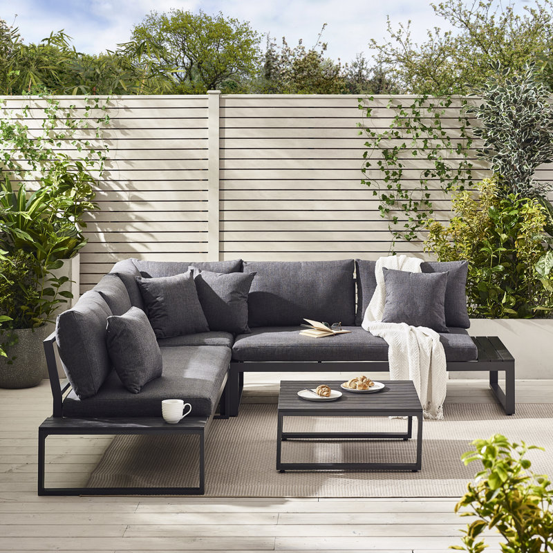 Outdoor 6 Seat Grey Corner Sofa and Table Set with In-Built Side Tables for Modern Gardens, Grey